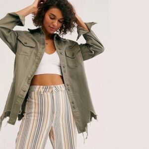 Free People Moonchild Military Green Cotton Shacket Jacket Oversized Small Boho